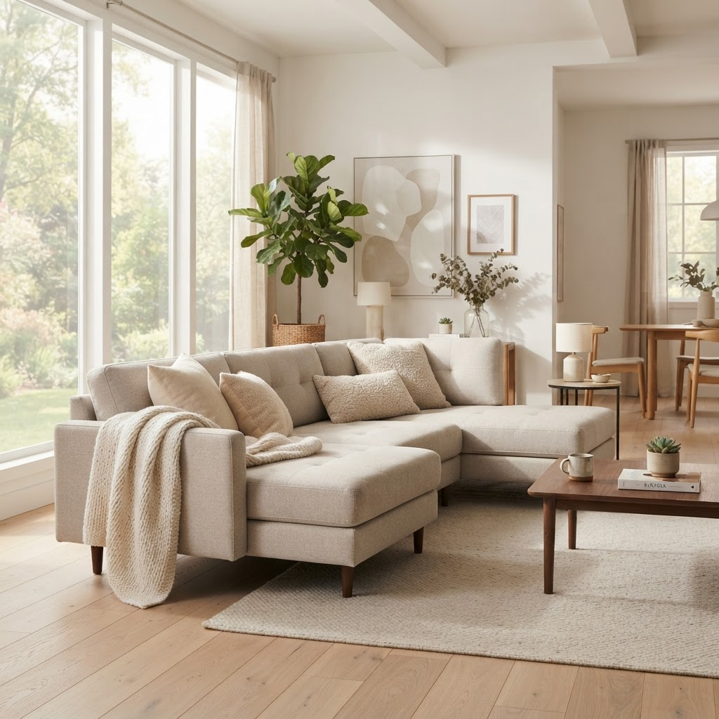 A modern living room with a stylish sleeper sofa in soft natural light